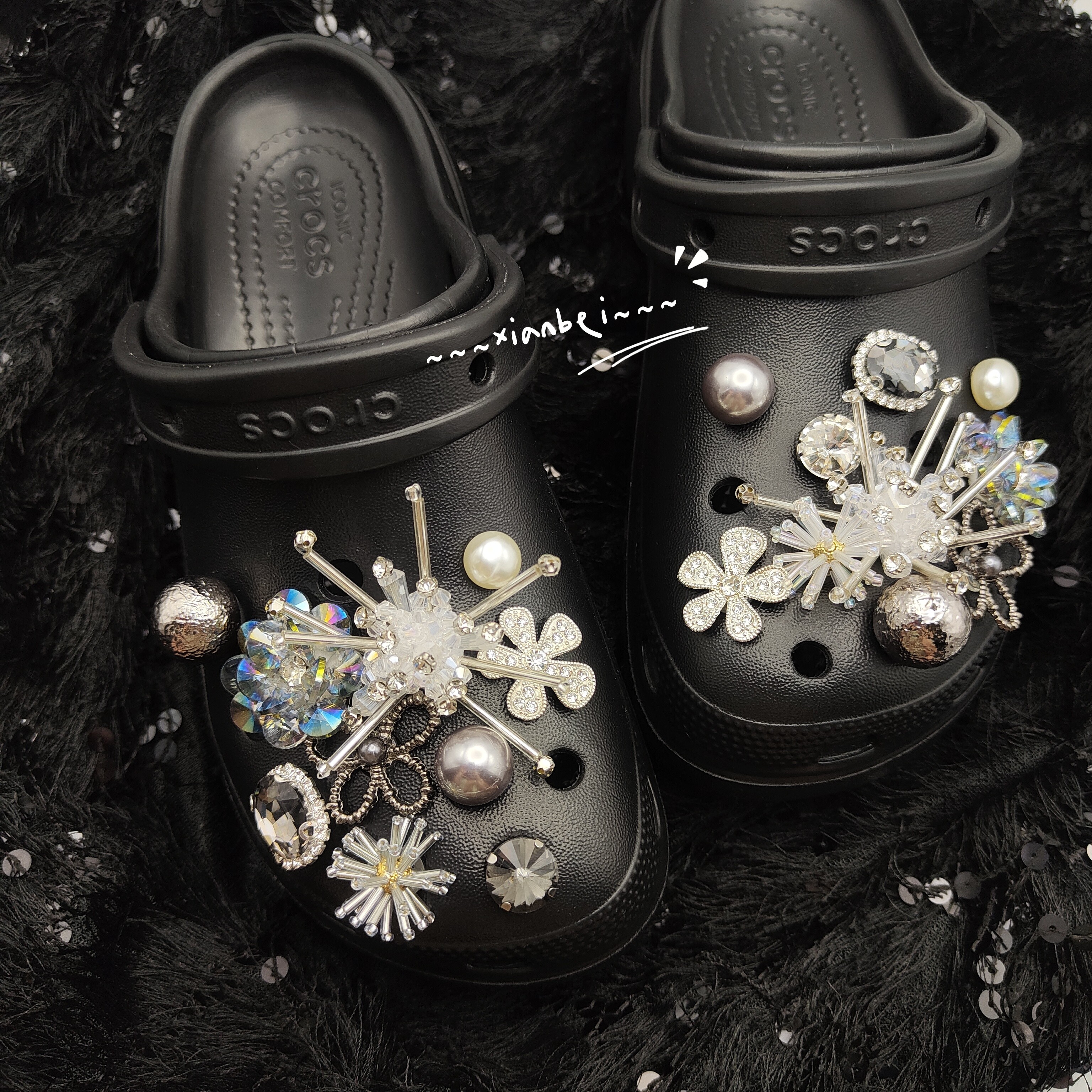 银色之镜~重工水晶钻石珍珠鞋花适配crocs黑色洞洞鞋装饰鞋扣