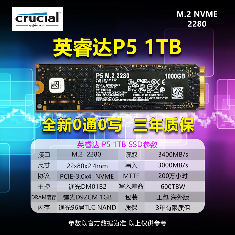 CRUCIAL/镁光 P5 1TB M.2 NVME固态硬盘SSD 笔记本台式机电竞升级