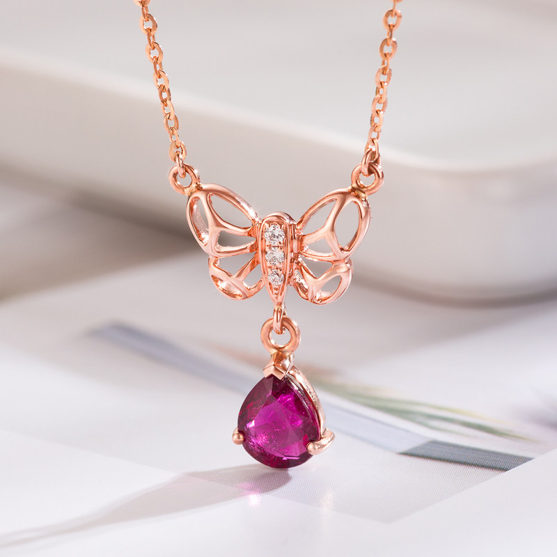 蝴蝶带证书天然红碧玺套链玫瑰金水滴吊坠18K彩金Au750钻石项链坠