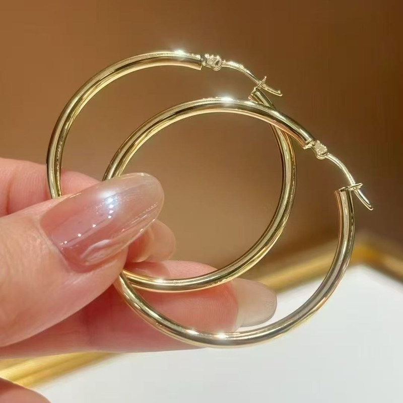 极简光圈18K黄金耳环彩金Au750大耳圈真金浅金色百搭正品耳饰女