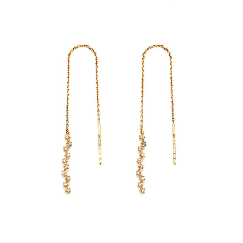 一字天然钻石耳线正品彩金耳线18K金耳坠Au750玫瑰金黄金长款耳饰