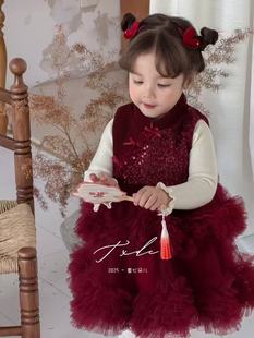 冬季新款女童加绒公主裙毛衣两件套连衣裙女宝礼服儿童年服纱裙