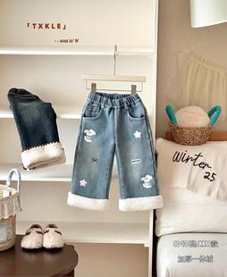 女童牛仔裤春秋冬装新款洋气女宝休闲长裤中小童儿童直筒加绒裤