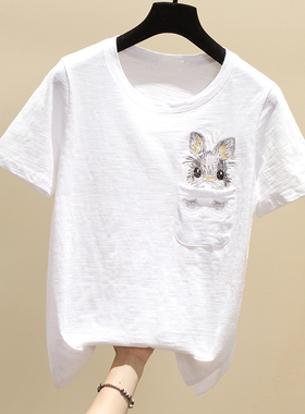 新款口袋兔子刺绣白色短袖t恤女竹节棉麻夏学生宽松简约半袖上衣
