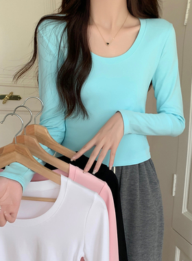 纯欲风大圆领白色长袖t恤女早秋新款韩版修身打底衫内搭上衣短款