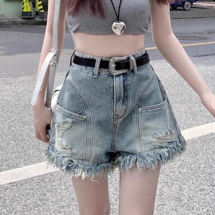 051-100【直播间过款专属】复古破洞牛仔短裤女夏季新款高腰显瘦