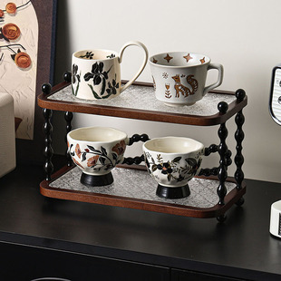 法式中古风桌面实木咖啡杯子收纳架高级感轻奢家用台面双层置物架