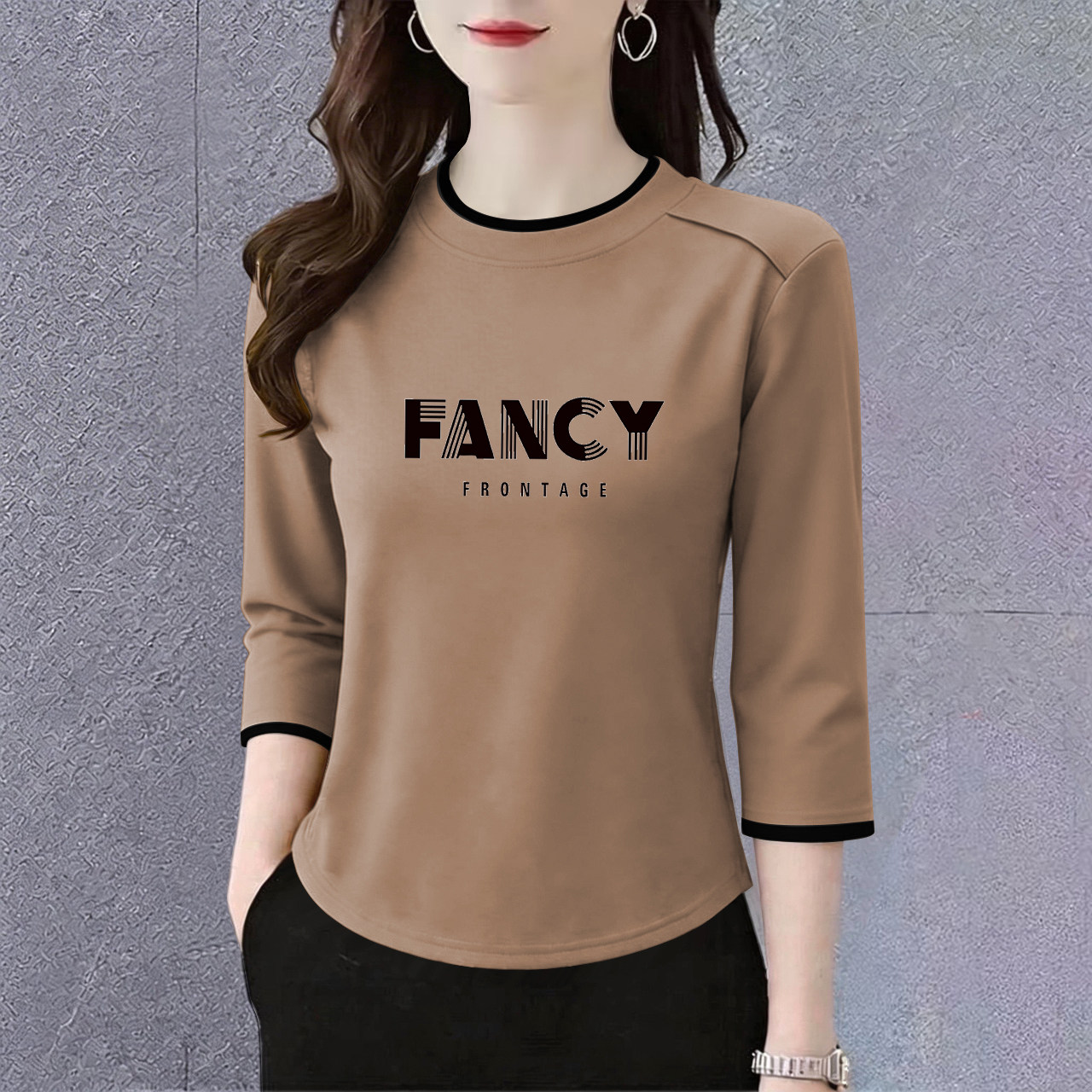 七分袖时尚字母印花休闲薄款遮肚高级大码女装假两件春秋新款