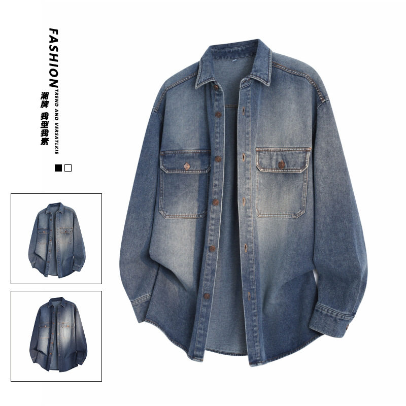 纯色男士长袖衬衫秋季新款牛仔翻领宽松男式夹克外套男款上衣