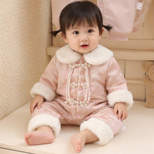 秋冬新生儿婴儿加绒夹棉连体衣中国风女宝公主棉服哈衣中厚外出服