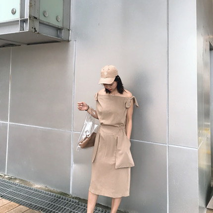 【Dreamers】自制COOKADAILY复古温柔风一字露肩连衣裙女夏中长款