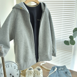 25年秋季 卫衣 男童连帽休闲外套儿童纯色浅灰基础百搭拉链开衫