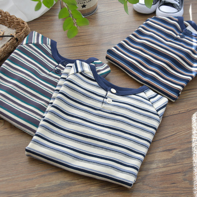 男童舒绒纯棉亨利圆领打底衫儿童磨毛条纹中厚长袖T恤休闲上衣