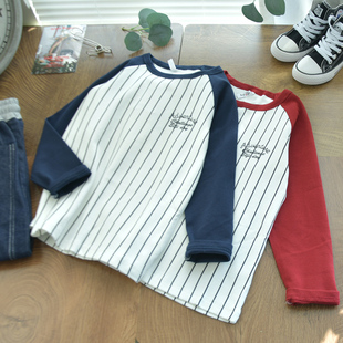 帅气条纹~韩版男童插肩长袖T恤中大童磨毛纯棉修身中厚打底衫