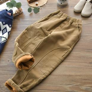 男童驼色工装休闲裤子中大童儿童冬装梭织加厚一体绒保暖直脚裤
