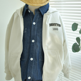 儿童薄绒毛圈纯棉运动男孩卫衣男童拉链宽松米白拉绒休闲外套