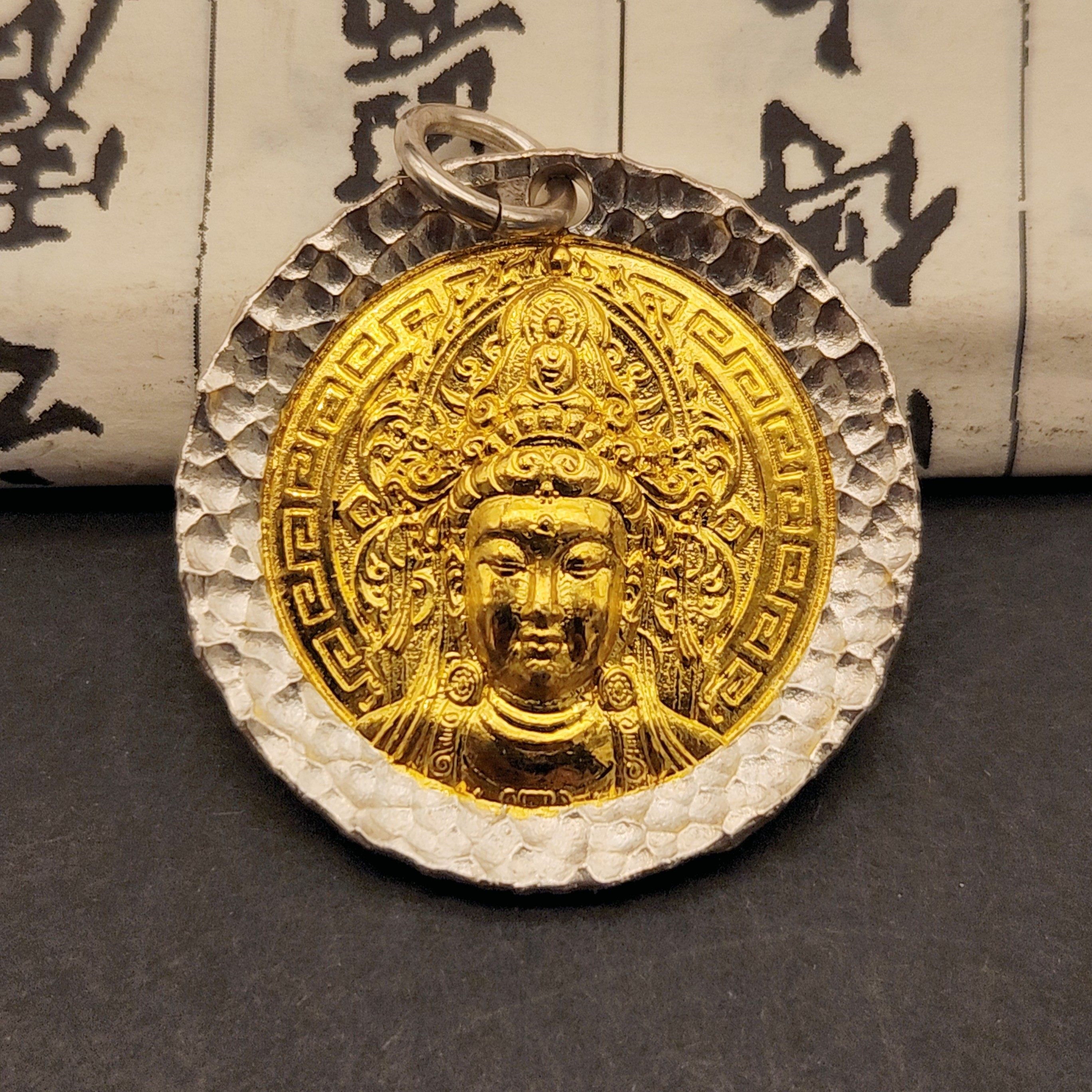 吊坠【观音菩萨】项链挂件银制品金色古法坠链手工镶嵌