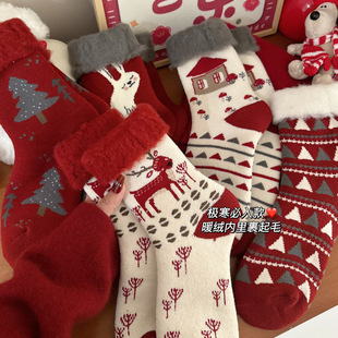 一双过冬加厚拉绒外穿女士新年圣诞袜子红色本命年袜保暖舒适柔软