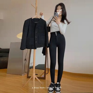 漫画腿！薄款超高腰三粒扣提臀收腹显瘦竹竿腿小黑裤高弹舒适打底