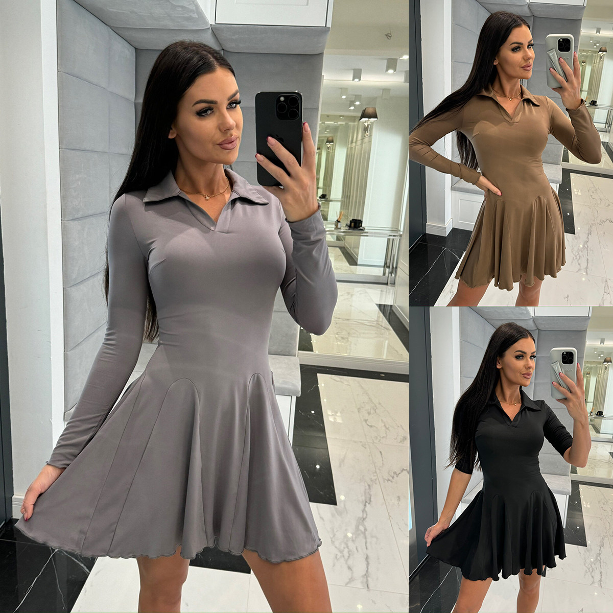 新款欧美纯色显瘦收腰长袖翻领连衣裙dress短裙辣妹紧身显身材