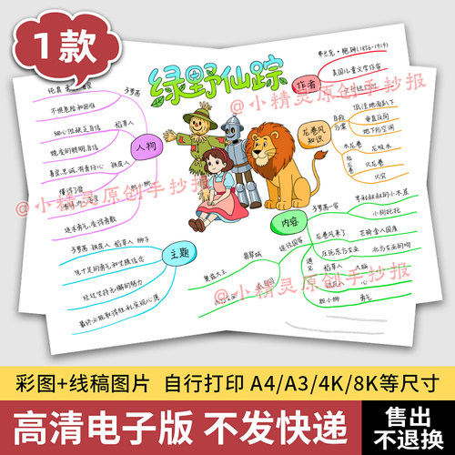 绿野仙踪思维导图手抄报模板好书推荐阅读黑白线稿打印A3电子版89
