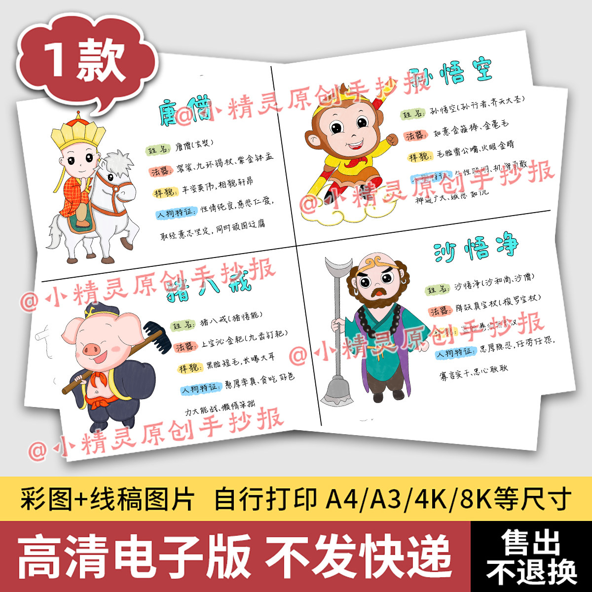 西游记手抄报人物卡五年级四大名著阅读读书卡人物介绍线稿小报25