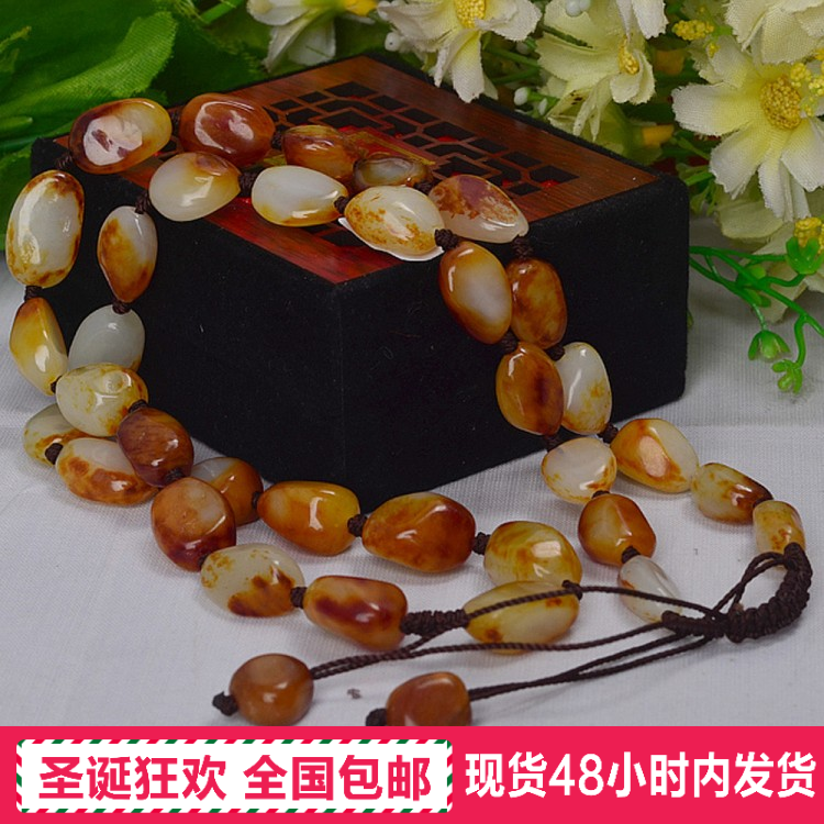 手工编新疆和田玉项链玉挂绳籽料原石珠子带黄皮玉坠玉佩吊坠链子
