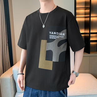 大码 美式 薄款 夏季 植绒印花黑色胖子不显胖圆领半潮 街头t恤男短袖