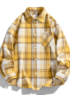 黄色磨毛大格子衬衫男士长袖宽松版春秋季村子大码外穿衬衣有口袋