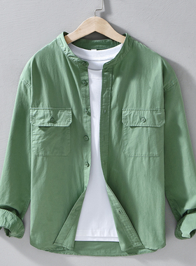 绿色小立领男士衬衫长袖春秋季圆领纯棉改良新中式双口袋衬衣无领