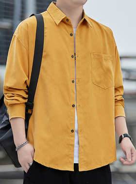 黄色衬衫男长袖港风春季高级感学院风称衫有口袋青年休闲衬衣外穿