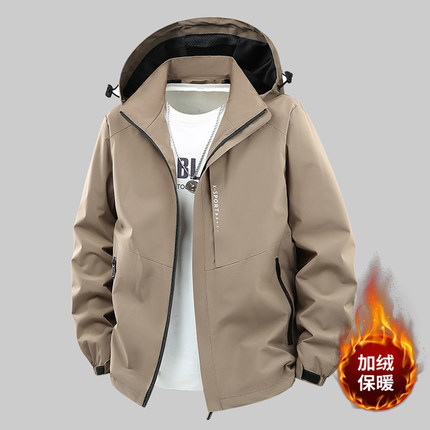 11111户外运动风男士冲锋衣可拆卸连帽加绒保暖防风夹克春秋冬