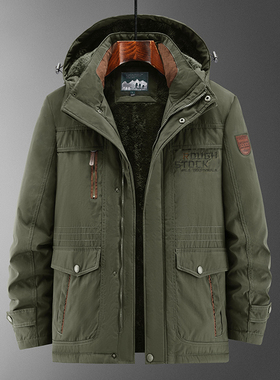 1111工装风军绿色连帽棉衣男加厚多口袋防寒棉袄宽松外套