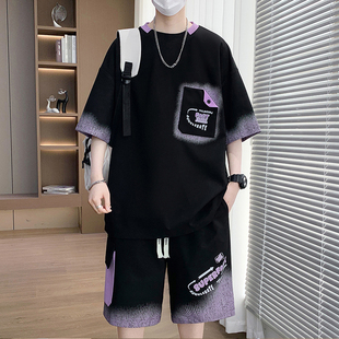 夏套装男2026新款青少年冰丝撞色休闲运动渐变初中生时尚t恤短袖