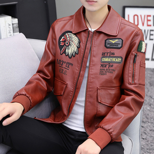 皮夹克男士秋冬季印第安人刺绣飞行员修身加绒个性潮翻领机车pu皮