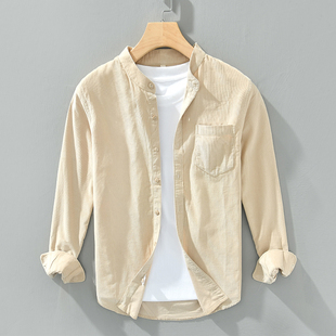 小立领男士衬衫长袖春秋季杏色改良中山装圆领无领纯棉占领衬衣土