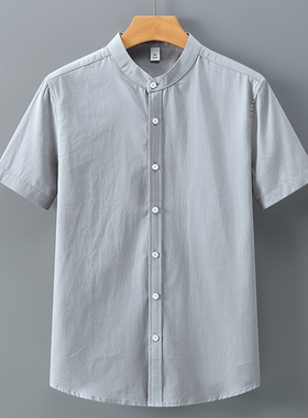 灰色中山领衬衫男半袖夏天薄款圆寸衣全棉中式国风无立领衬衣短袖