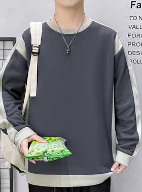 浅绿色体恤t男士长袖春秋季薄款拼接打底宽松高级感圆领套头卫衣