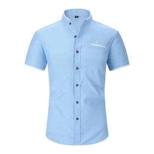 立领男士衬衫短袖夏季拼色商务村子改良中山装大码无圆领衬衣半袖