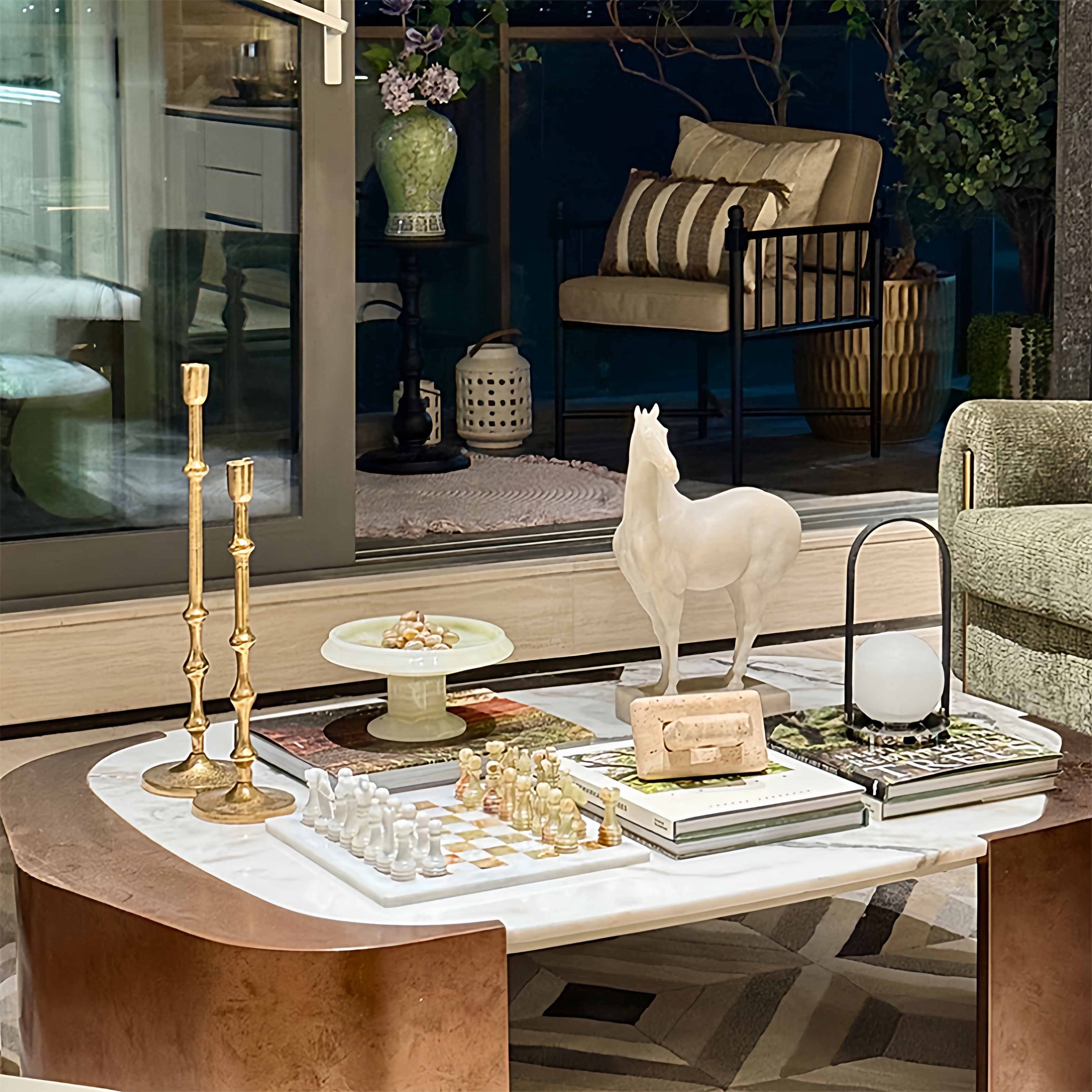 新中式客厅茶几装饰象棋摆件烛台果盘高级氛围感样板间洽谈区装饰