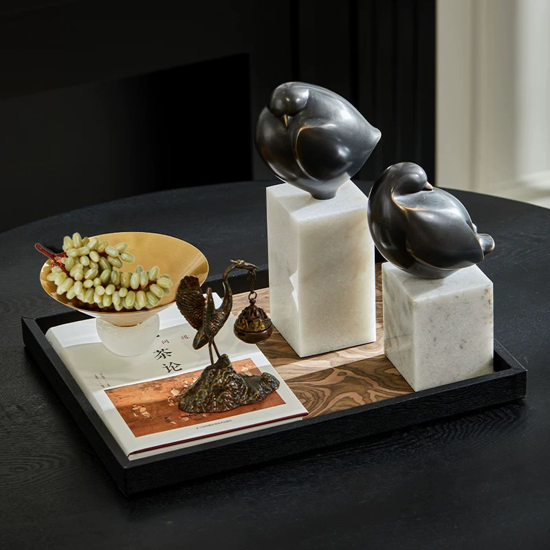 新中式样板间客厅茶几瑞鹤挂炉黑色鸟摆件角几软装宋代美学