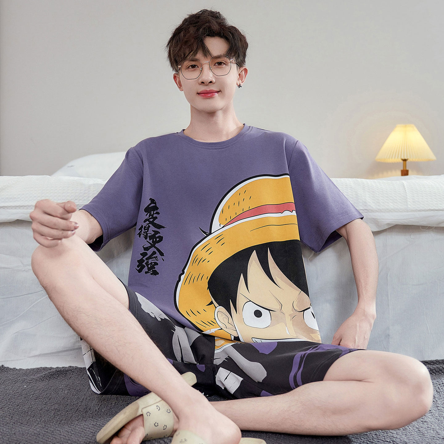 潮牌海贼王路飞男士睡衣夏季纯棉短袖青少年宽松可外穿家居服套装