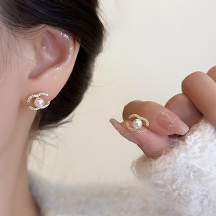 小香风法式 珍珠锆石耳钉女小众轻奢高级感气质耳环洋气精致耳饰品