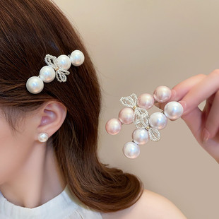 韩国发饰轻奢珍珠发夹边夹侧边甜美复古鸭嘴夹蝴蝶结一字夹子头饰