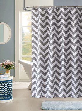 经典灰色波浪涤纶浴帘防水加厚沐浴装饰帘免打孔赠送浴帘环