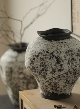 景德镇侘寂风禅意陶瓷大花瓶复古怀旧粗陶陶罐家居插花装饰品摆件