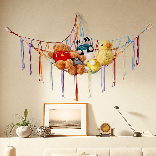 玩具收纳兜挂墙手工编织三角网兜儿童房毛绒玩具收纳网兜壁挂吊床