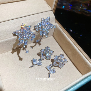 银针锆石花朵星星耳钉冷淡风奢华气质小众百搭耳环轻奢高级感耳饰