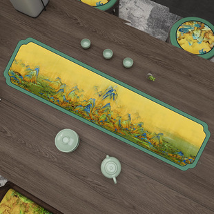 新中式 茶席红木茶几垫千里江山图吸水皮革桌垫垫子桌布桌旗茶杯垫