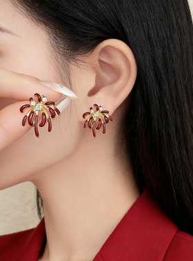 新款红色烟花耳环秋冬女巨好看独特小众耳钉过年爆款轻奢高级耳饰